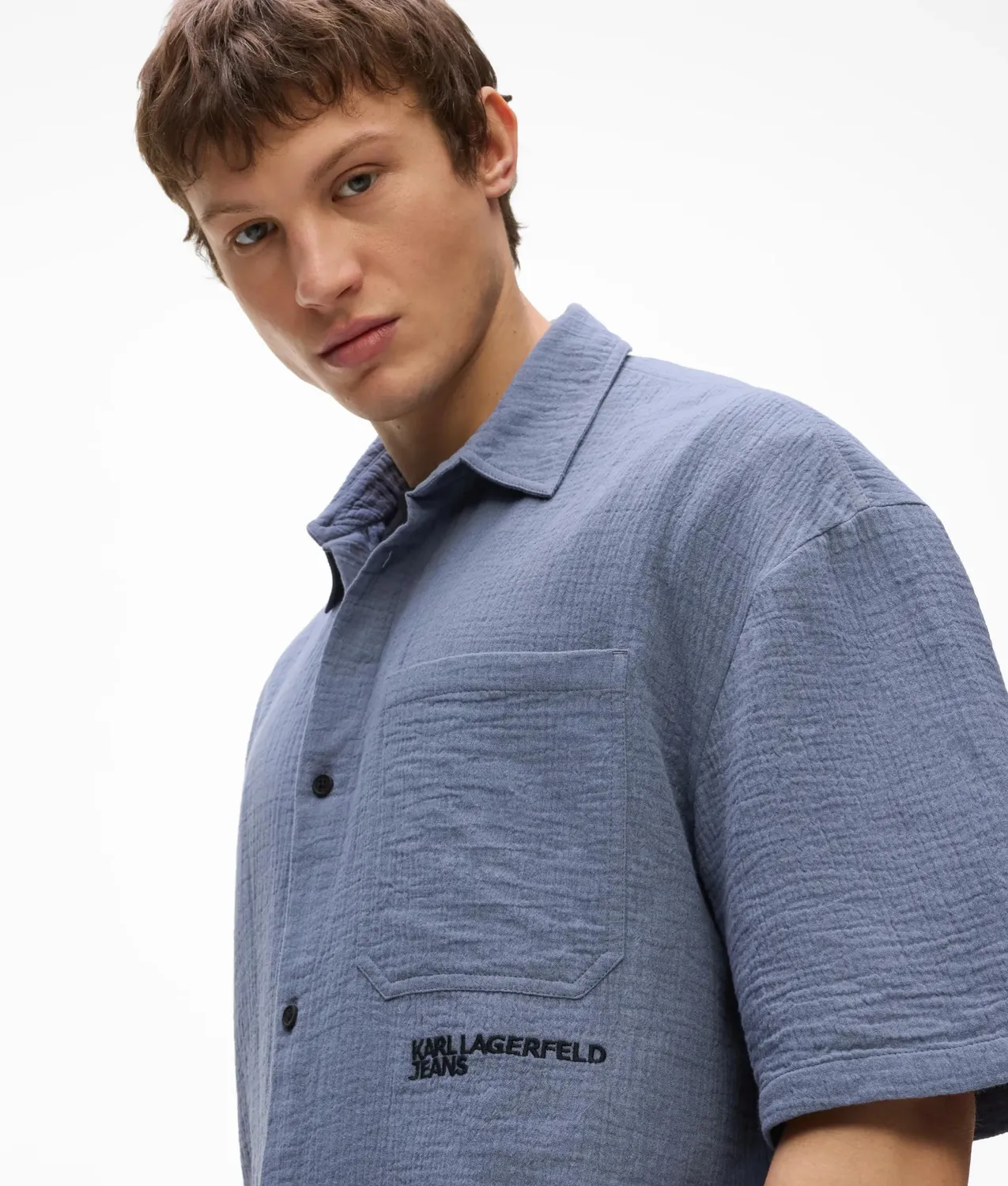 Karl Lagerfeld KL Jeans Crinkled Hemd Baumwolle Herren kurzarm
