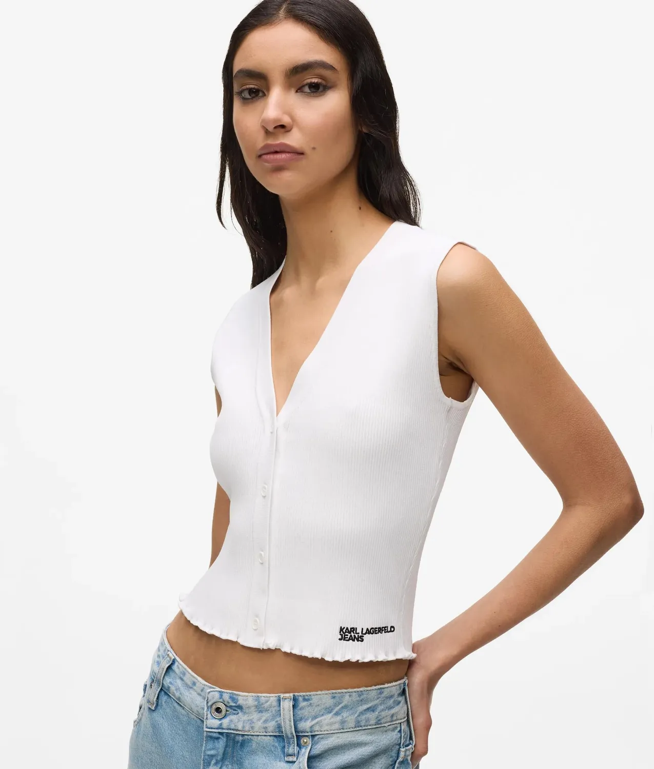 Karl Lagerfeld KL Jeans Ripp-Stricktop Knopf Rüsche