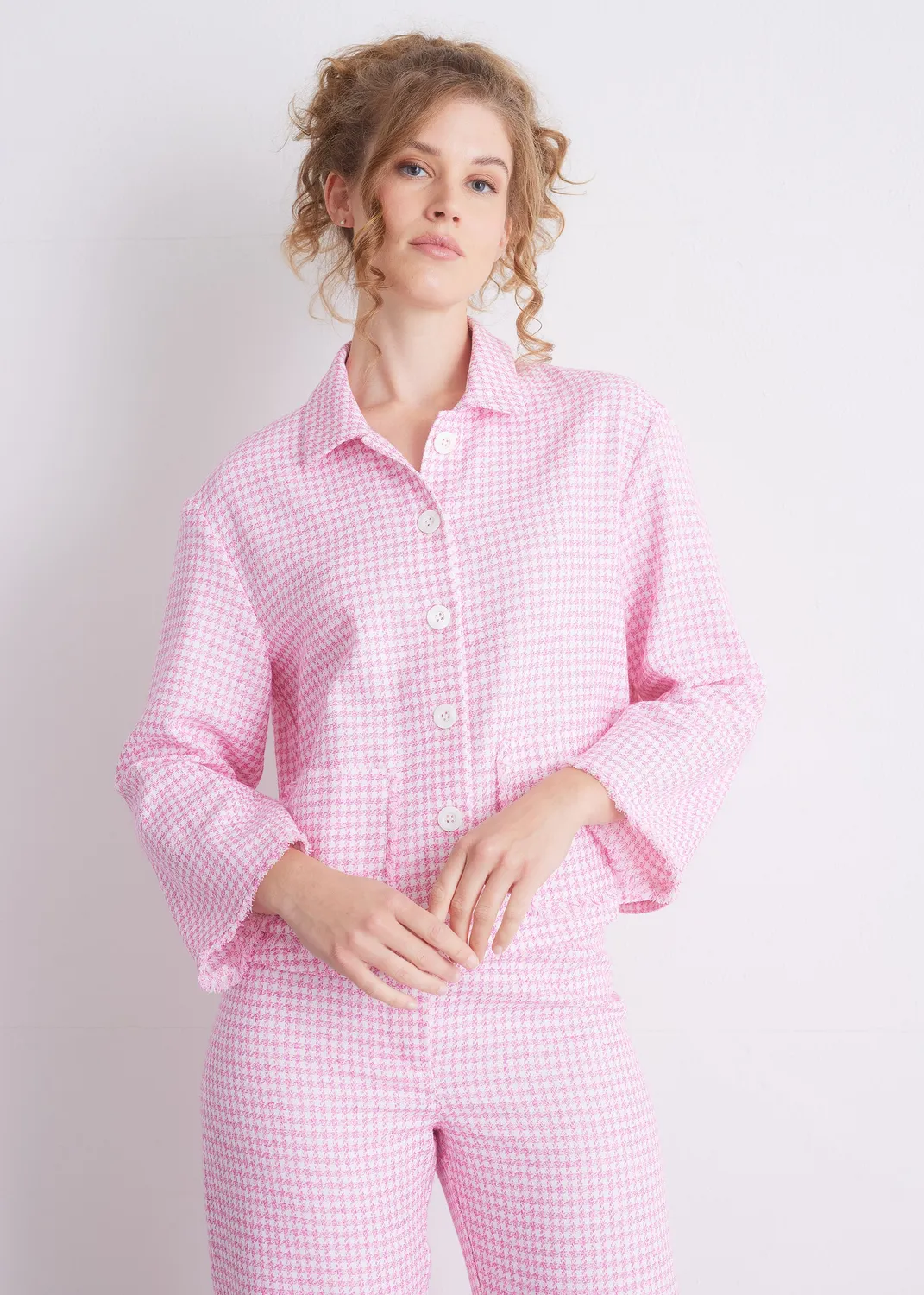 Senatex Kurzjacke Baumwoll-Hanf Knopfleiste Jacke Pink Houndstooth