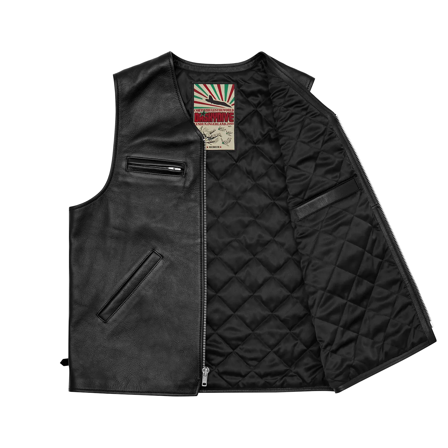 Corteiz Skydive Leather Vest Lederweste Schwarz Kalbsleder