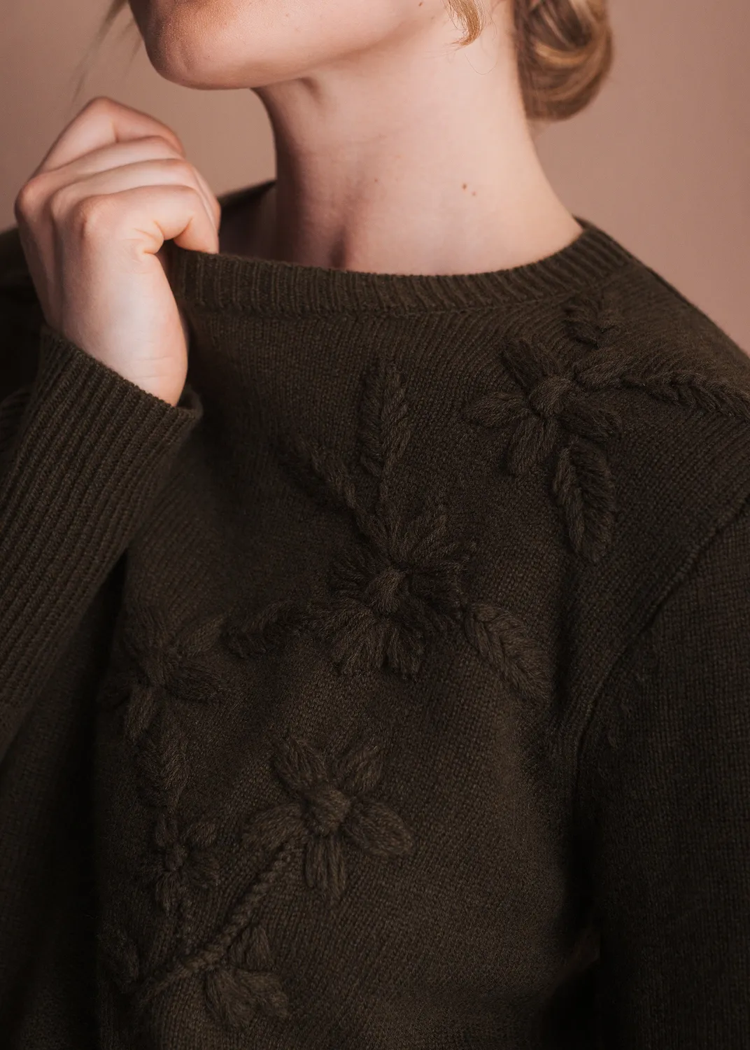 Senatex Pullover Blumenstickerei Merinopullover Cream