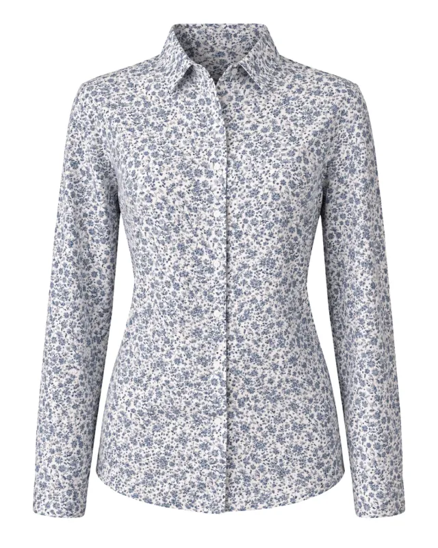 Gloriette Trachtenbluse Blütenmuster Blau Weiß