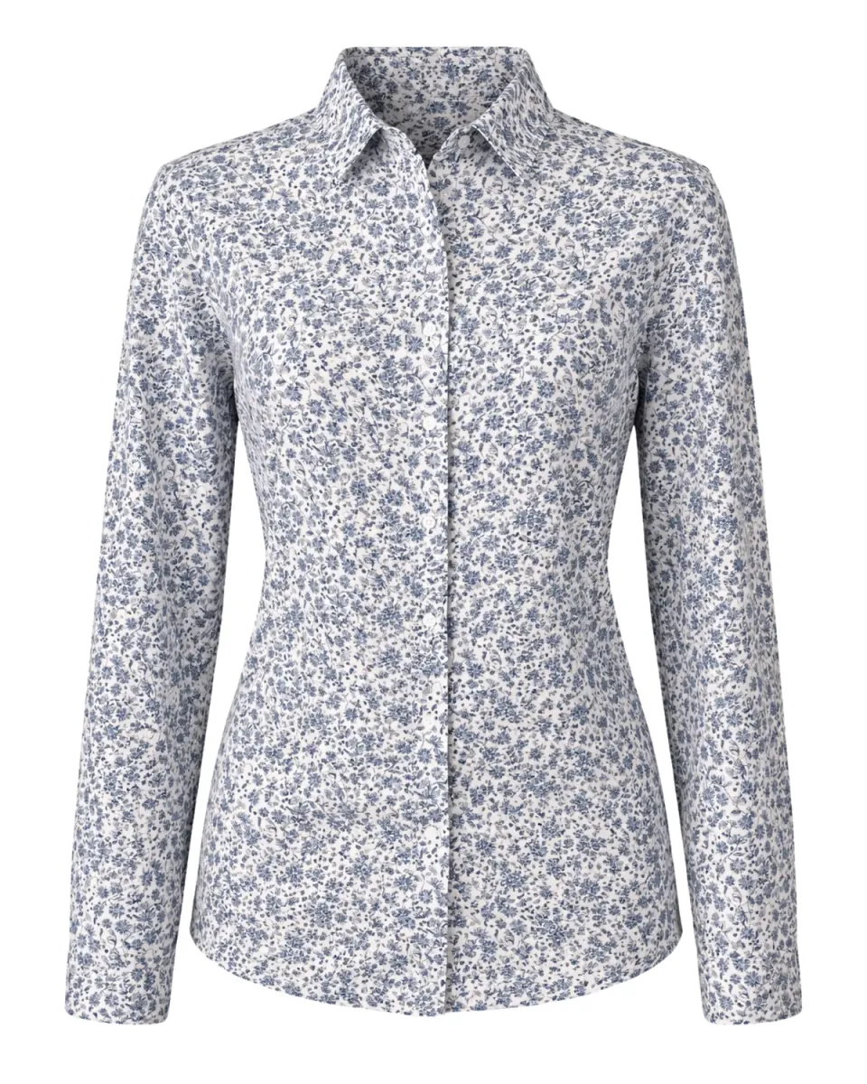 Gloriette Trachtenbluse Blütenmuster Blau Weiß