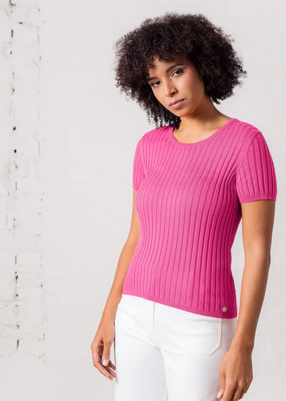 Senatex Kurzarm Pullover Pulli Pink Seide Rippe