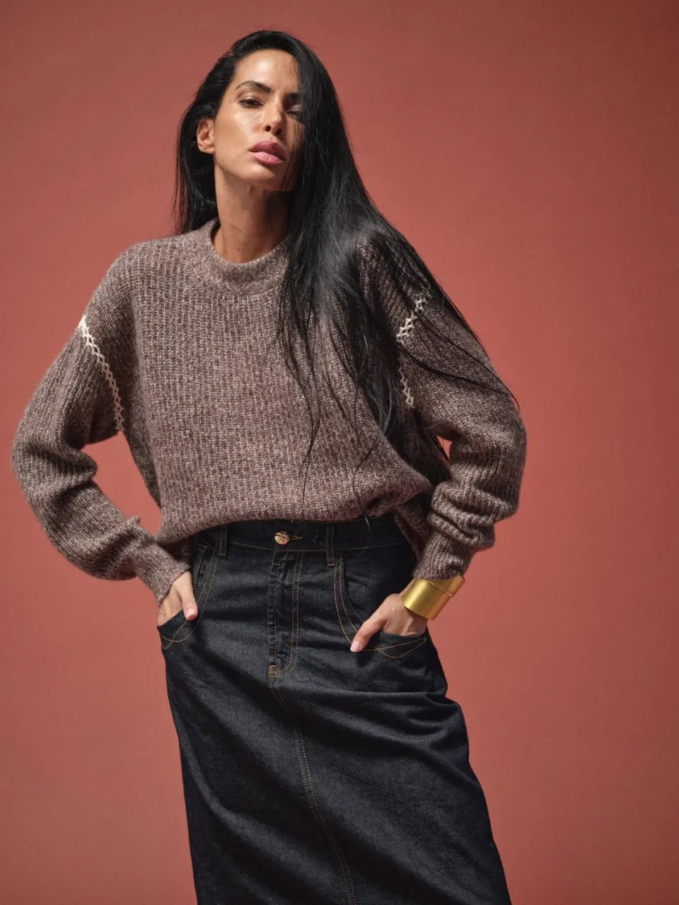 Mos Mosh Neat Crochet Knit Pullover Tarmac Melange