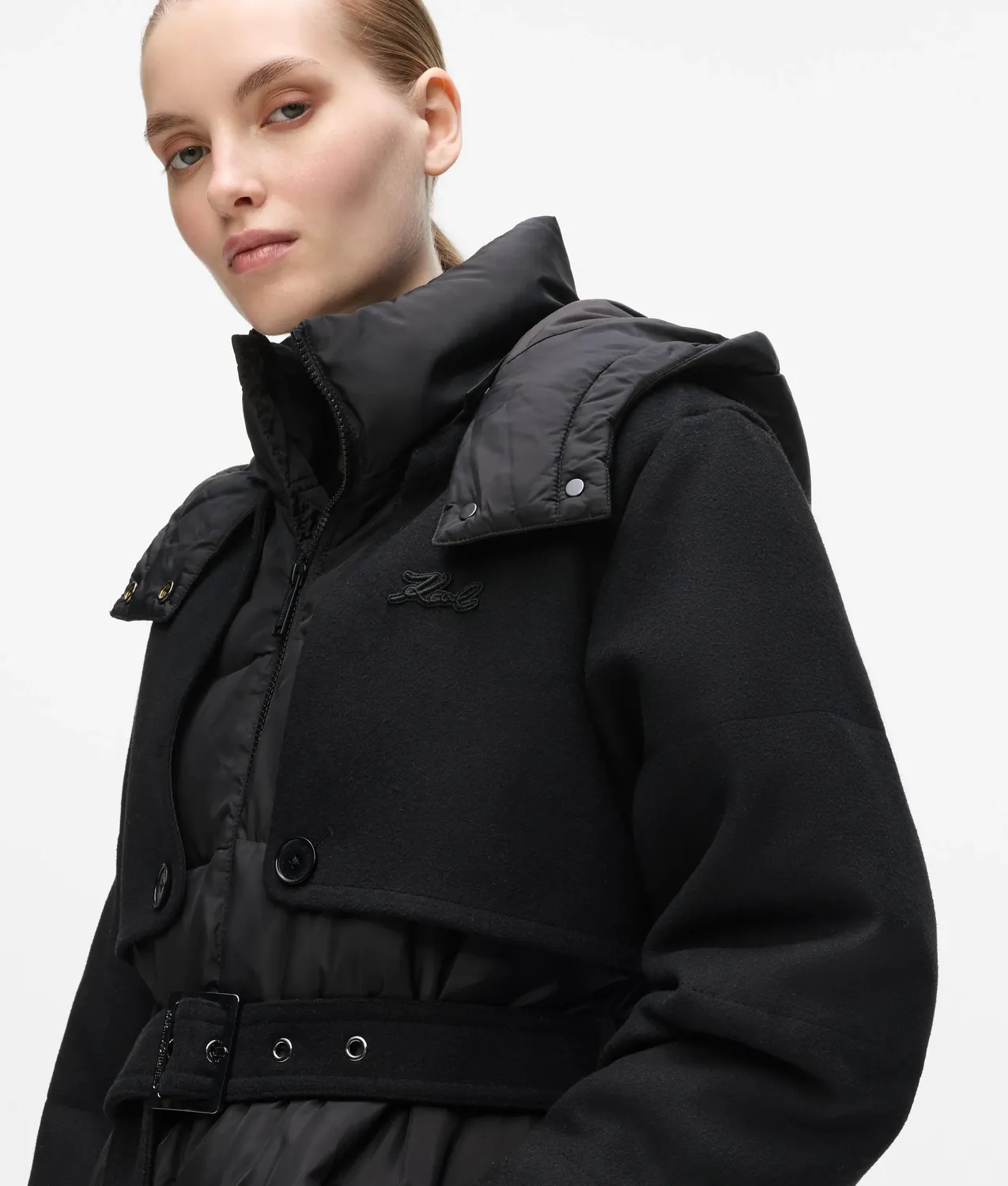 Karl Lagerfeld Belted Puffer Mantel lang Gürtel Kapuze