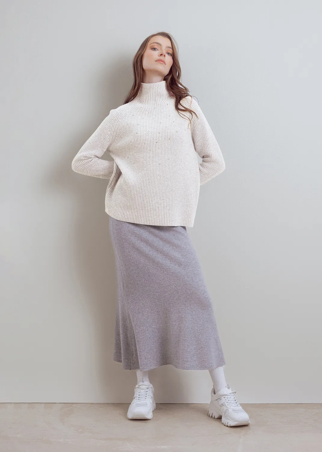 Senatex Rollkragenpullover Wolle Glitzer Silver Ripp
