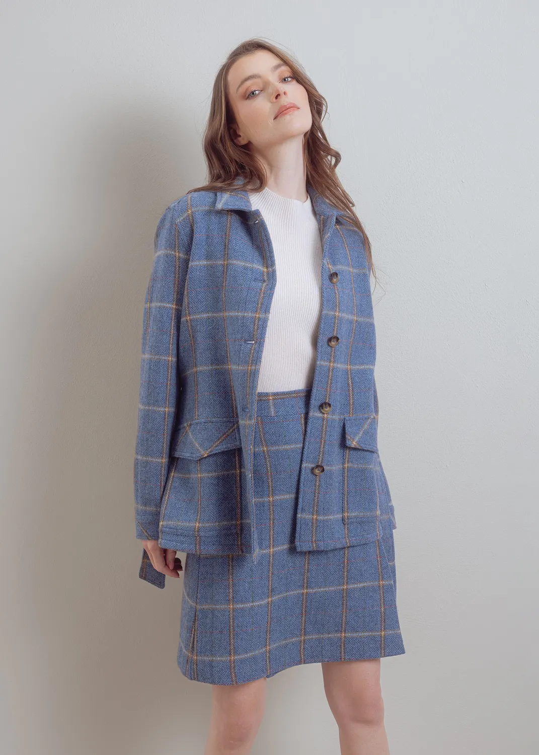 Senatex Karierte Wolljacke Denim Check Reine Wolle