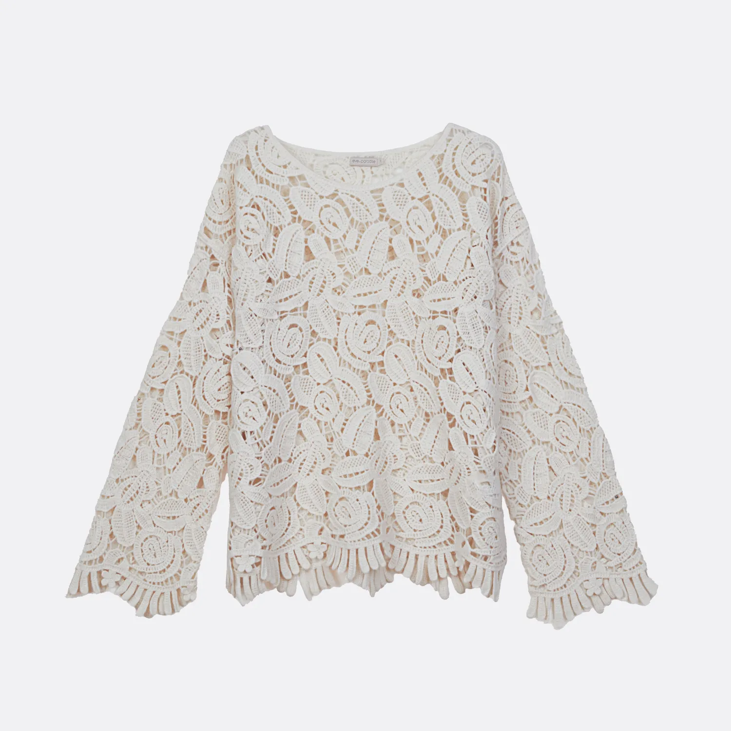 Senatex Floraler Lochstrickpullover Wolle Cream