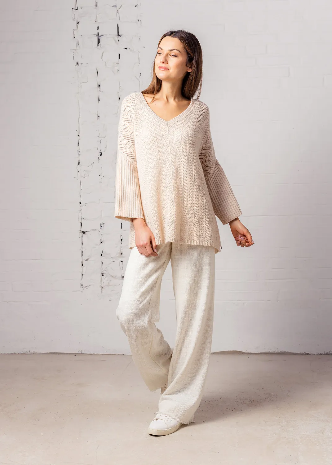 Senatex Oversized Ajour-Strickpullover Pullover Sand Wolle