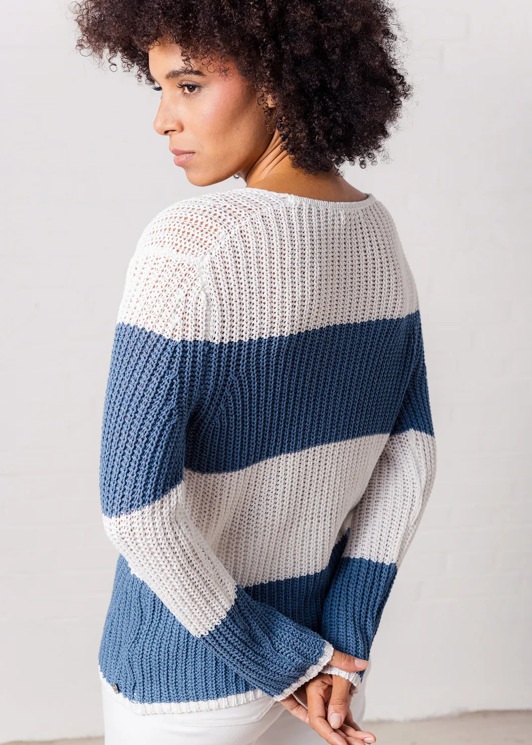 Senatex Blockstreifen-Pullover Baumwolle-Leinen Denim Combo