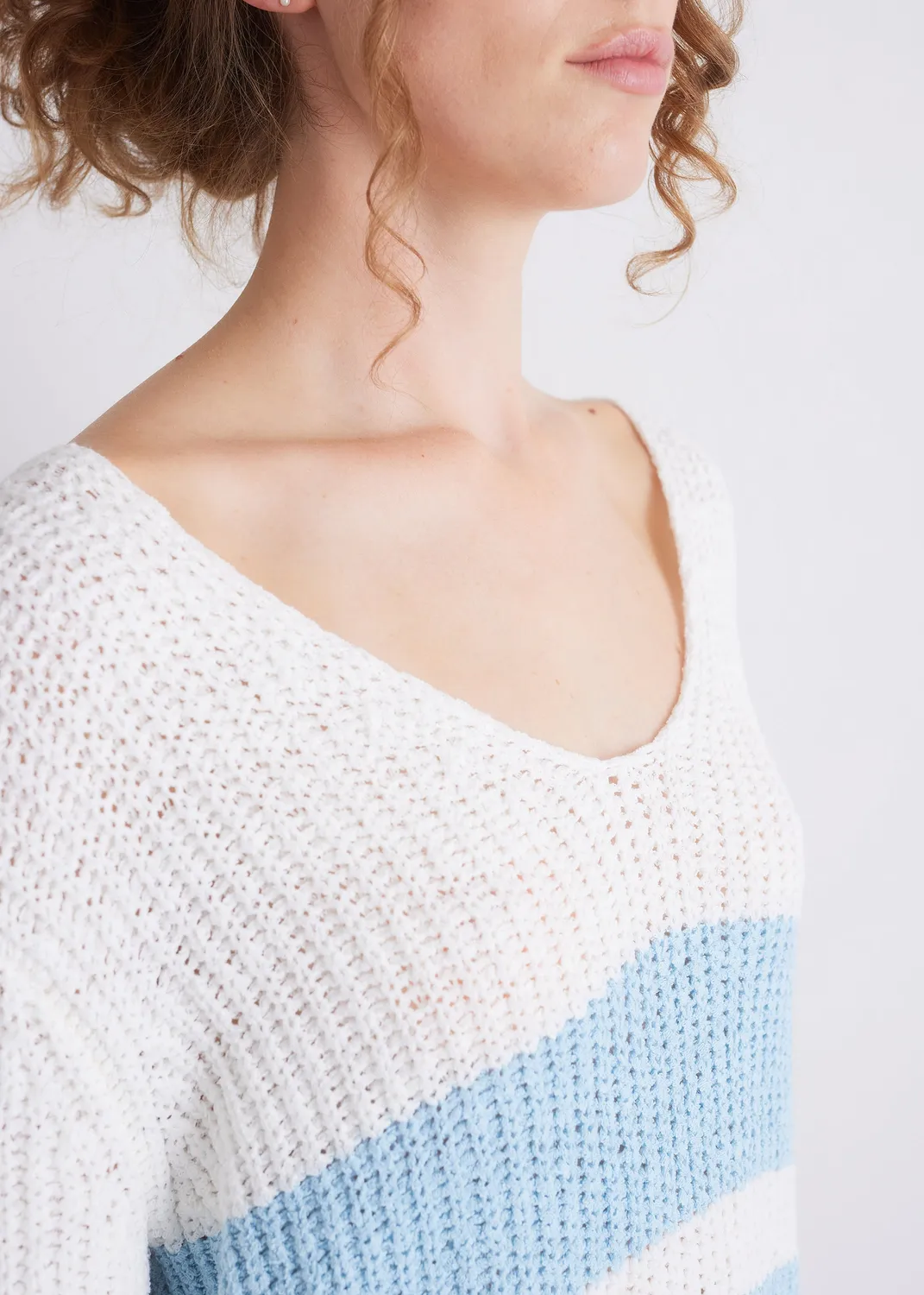 Senatex Strickpullover Blockstreifen V-Ausschnitt White