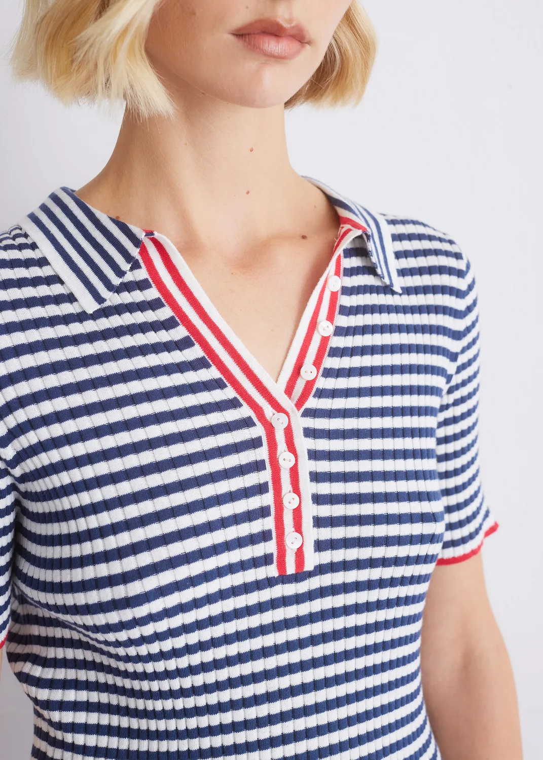 Senatex Strickshirt Polokragen GOTS White Indigo Streifen