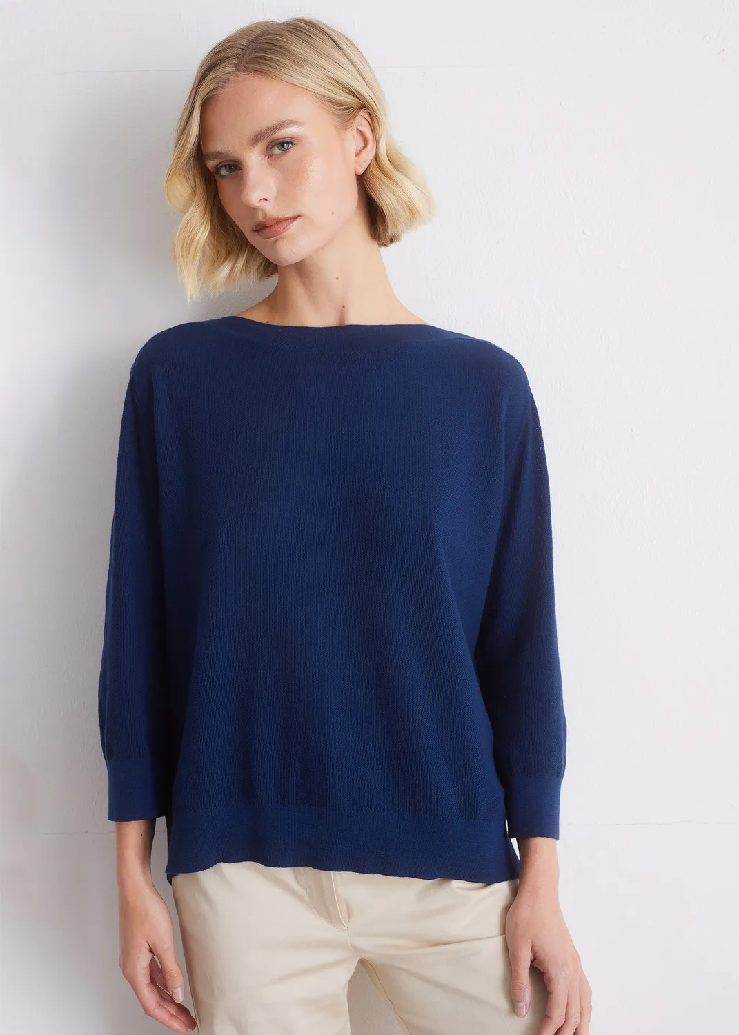 Senatex Pullover Baumwoll-Seide Navy U-Boot-Ausschnitt