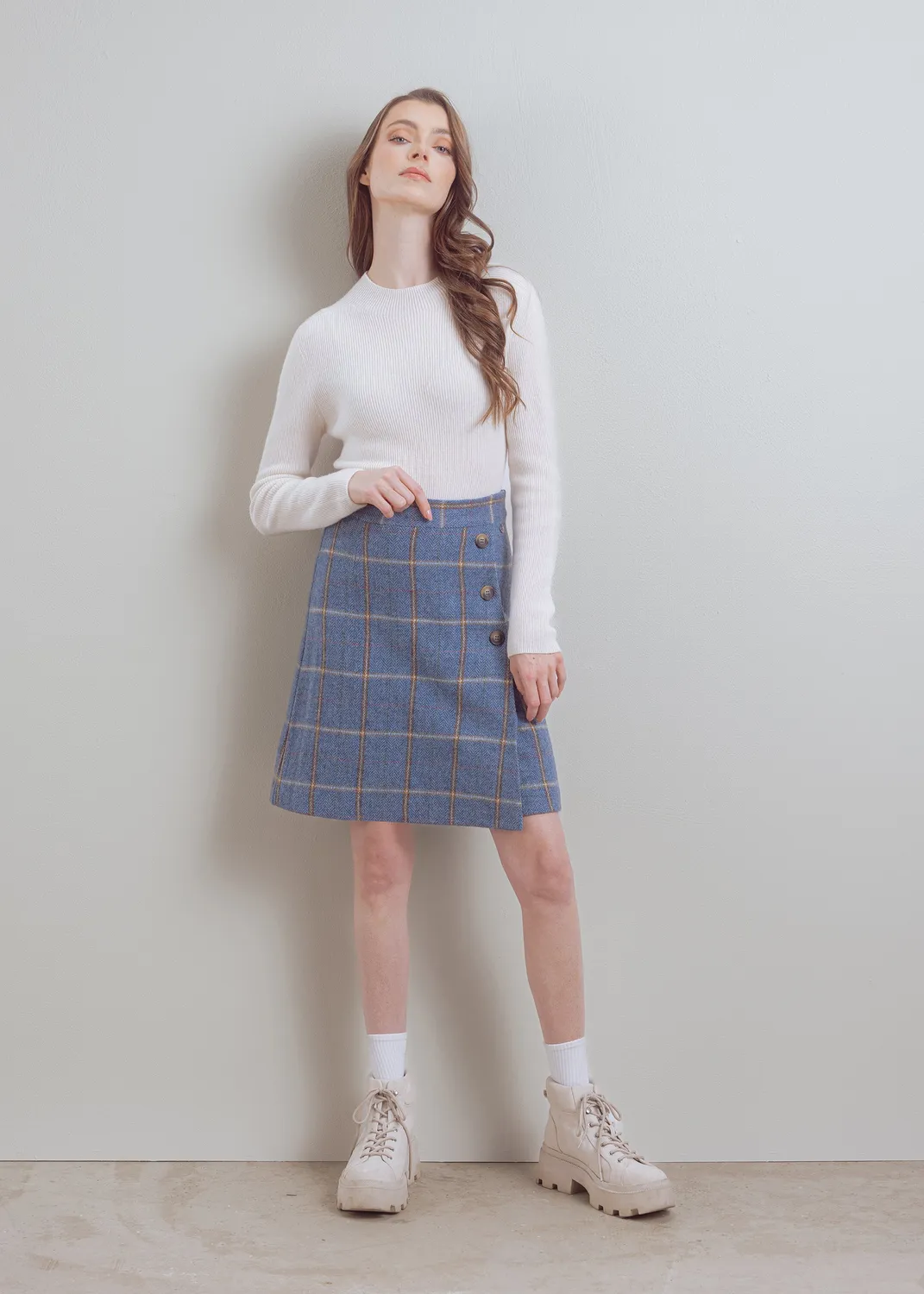Senatex Karierter Minirock Knopfleiste Denim Check Wolle