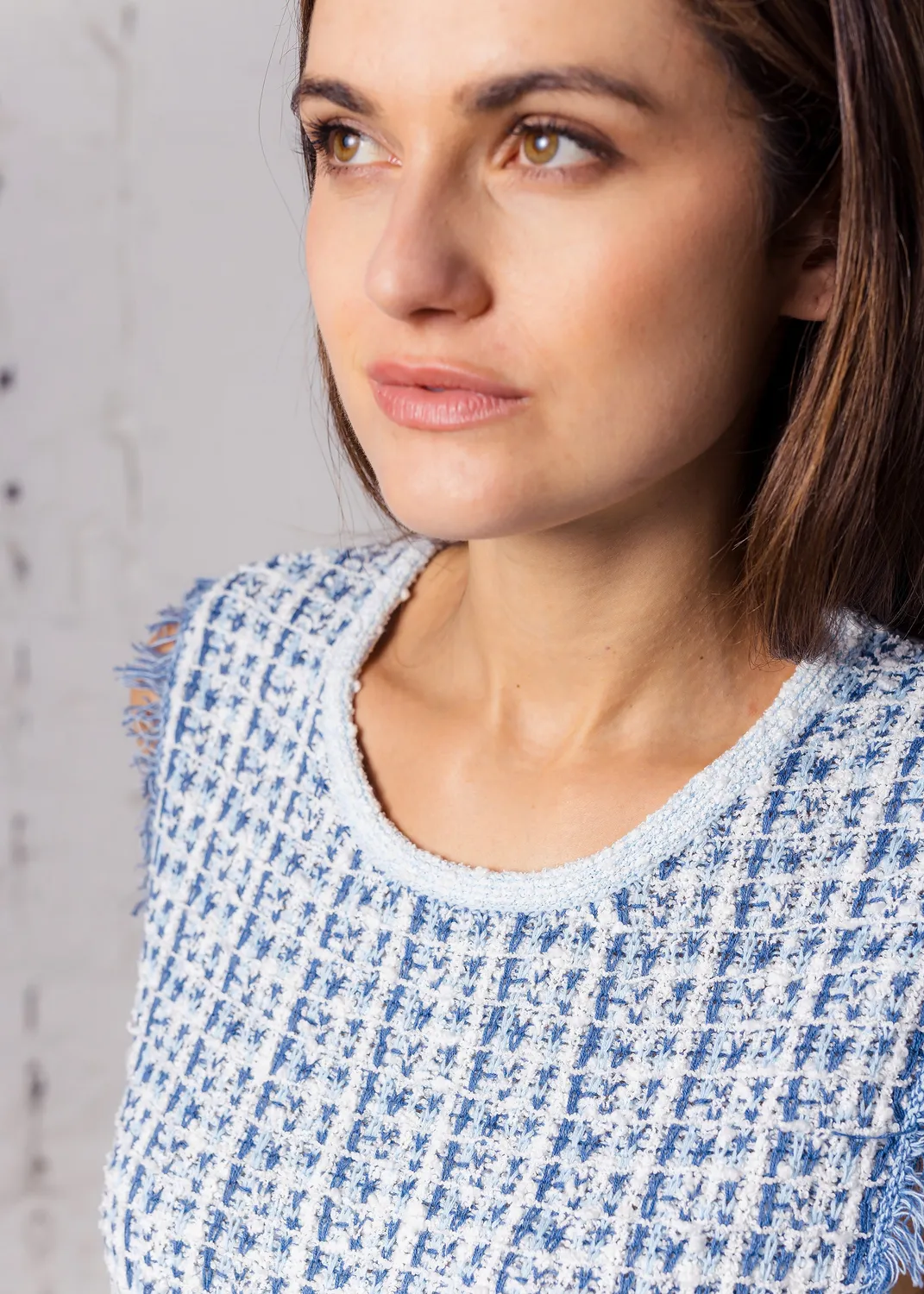 Senatex Bouclé-Top Top Denim Multicolor Fransen
