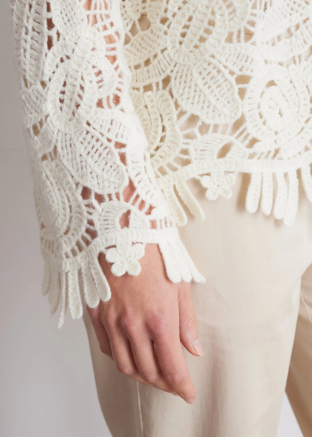 Senatex Floraler Lochstrickpullover Wolle Cream