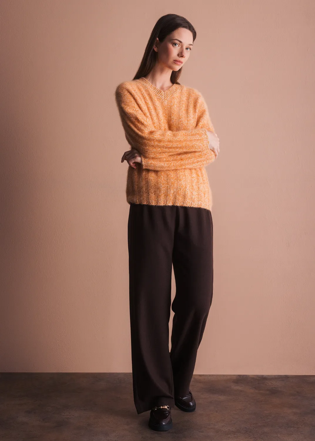 Senatex Pullover mit V-Ausschnitt Orange Merinowolle S/M