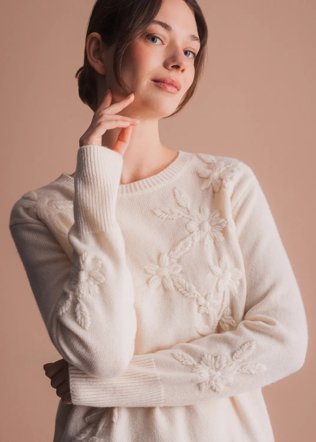 Senatex Pullover Blumenstickerei Merinopullover Cream