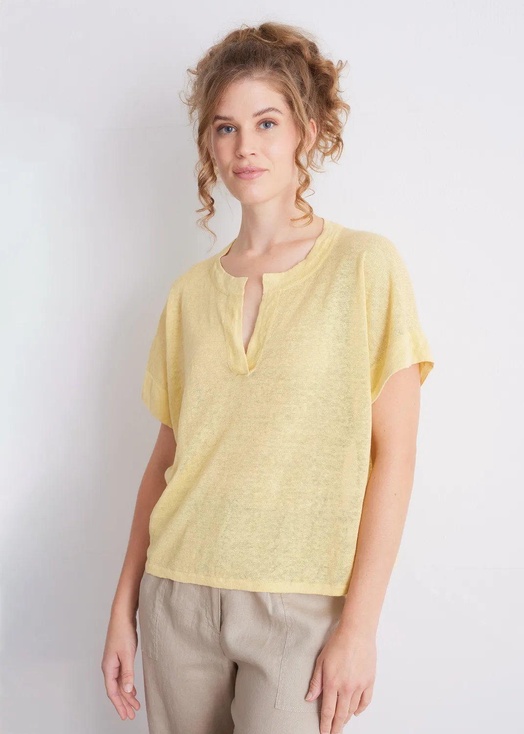 Senatex Leinenshirt mit Schlitz-Ausschnitt Mocca reines Leinen