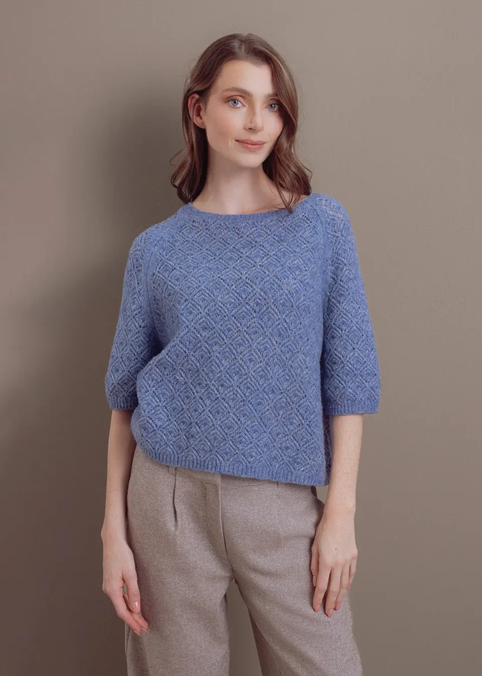 Senatex Kurzarm Pullover Wolle-Baumwolle Rautenmuster Ice
